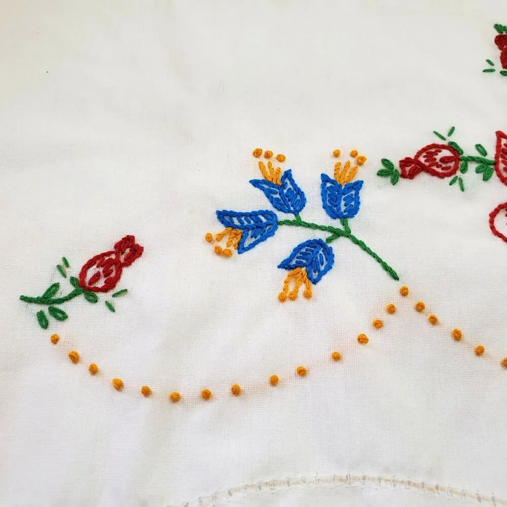 Vintage Hand Embroidered Floral Pillowcases White Cotton Pair 2 Cottagecore